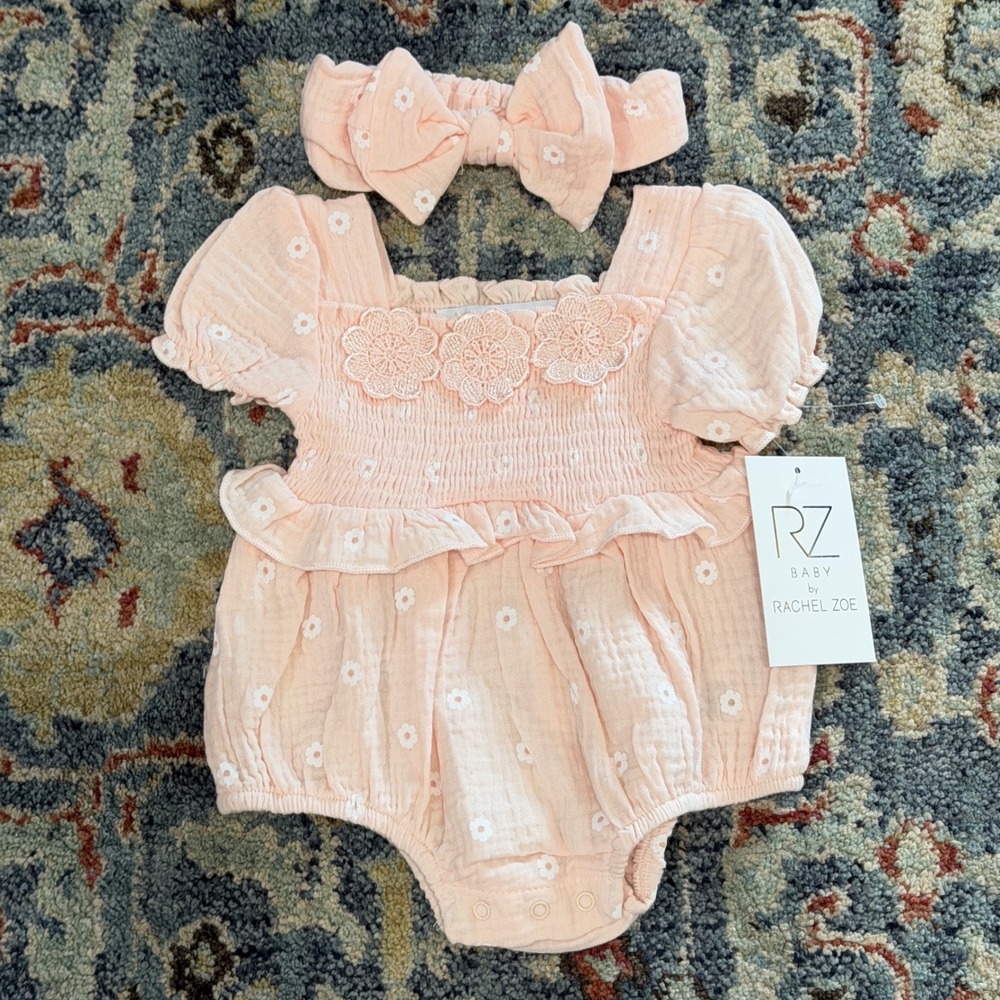 Rachel Zoe Romper Set Girls 3-6M Pink Floral Gauze Smocked Cottagecore NWT